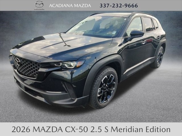 2026 Mazda Mazda CX-50 2.5 S Meridian Edition AWD in Jet Black Mica — front three-quarter view