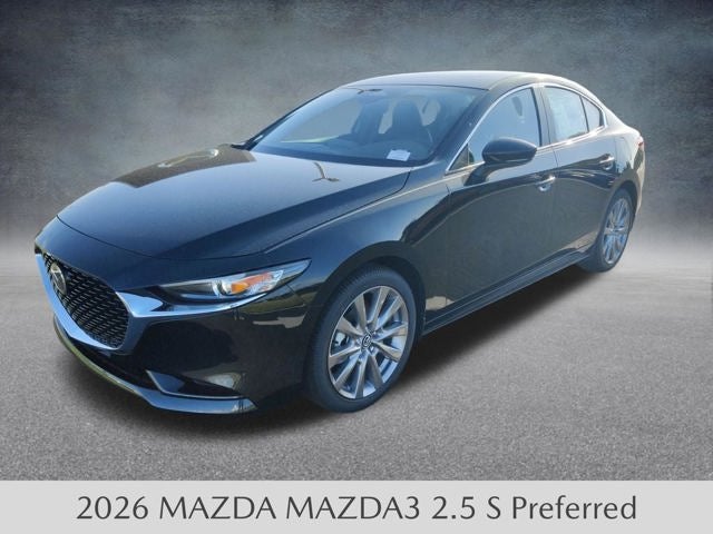 2026 Mazda Mazda3 Sedan 2.5 S Preferred in Jet Black Mica — front three-quarter view