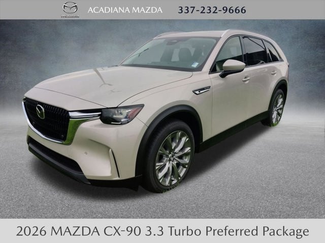 2026 Mazda Mazda CX-90 3.3 Turbo Preferred AWD in Platinum Quartz Metallic — front three-quarter view