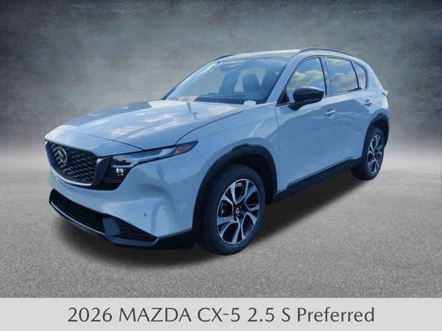 2026 Mazda Mazda CX-5 2.5 S Preferred AWD in Aero Gray Metallic — front three-quarter view
