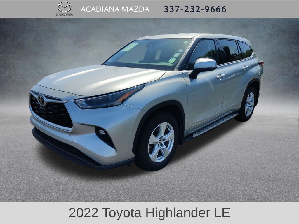 2022 Toyota Highlander LE in Celestial Silver Metallic — front three-quarter view