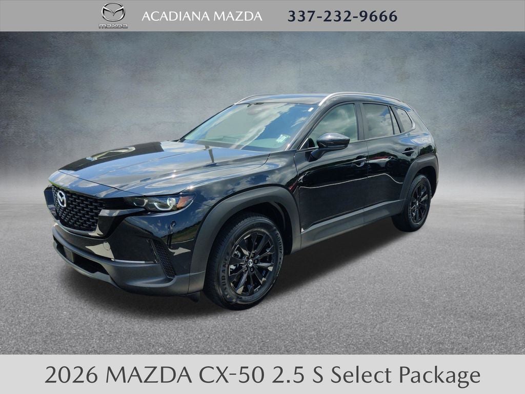 2026 Mazda Mazda CX-50 2.5 S Select AWD in Jet Black Mica — front three-quarter view