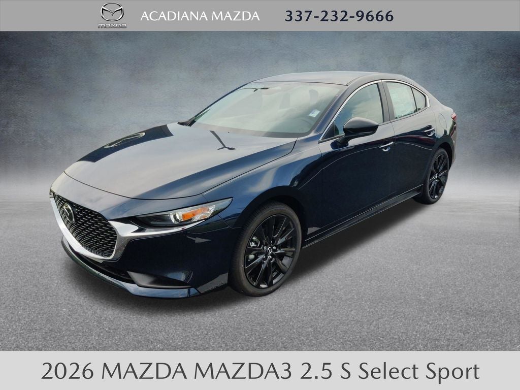 2026 Mazda Mazda3 Sedan 2.5 S Select Sport in Deep Crystal Blue Mica — front three-quarter view
