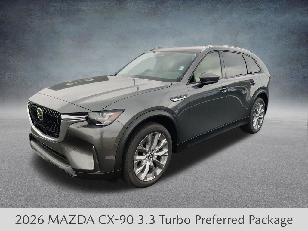 2026 Mazda Mazda CX-90 3.3 Turbo Preferred AWD in Machine Gray Metallic — front three-quarter view