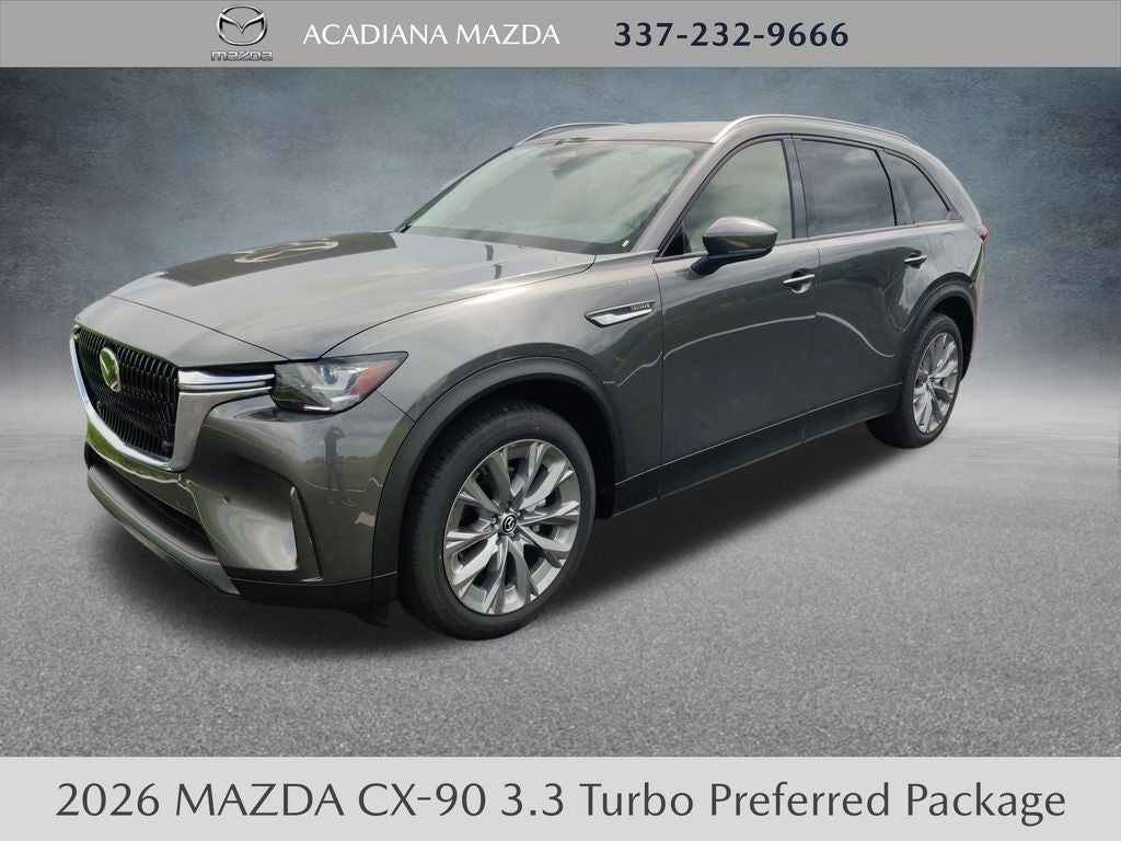 2026 Mazda Mazda CX-90 3.3 Turbo Preferred AWD in Machine Gray Metallic — front three-quarter view
