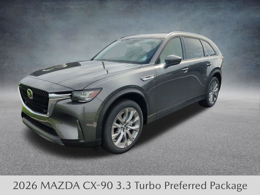 2026 Mazda Mazda CX-90 3.3 Turbo Preferred AWD in Machine Gray Metallic — front three-quarter view