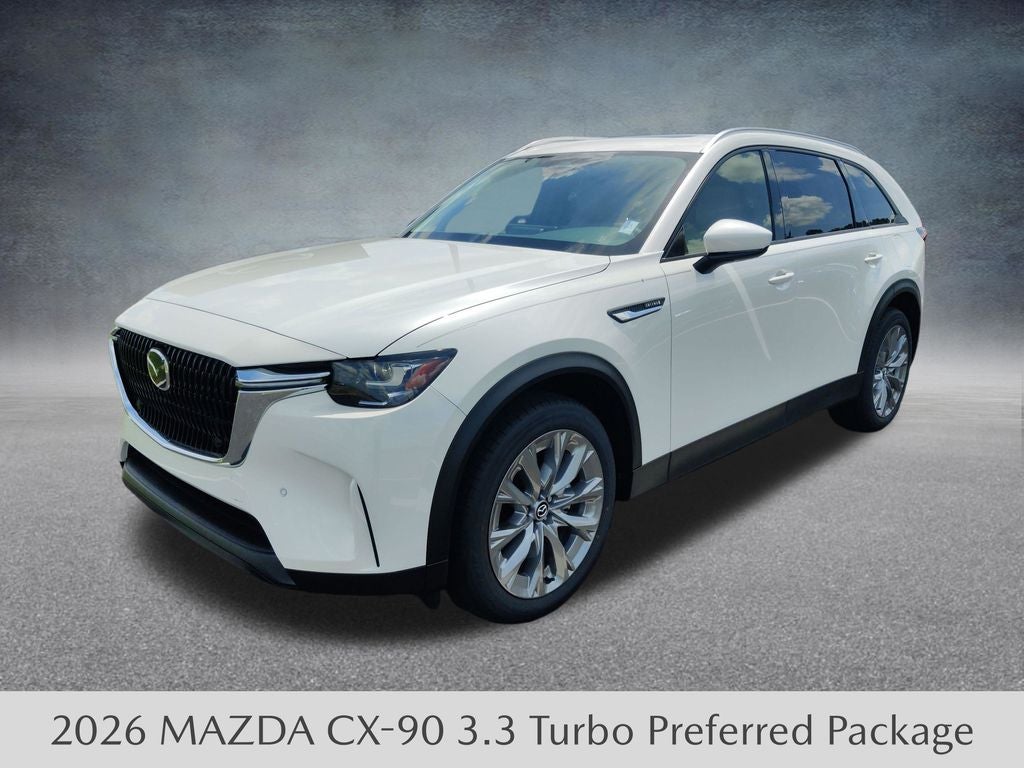 2026 Mazda Mazda CX-90 3.3 Turbo Preferred AWD in Rhodium White Premium — front three-quarter view