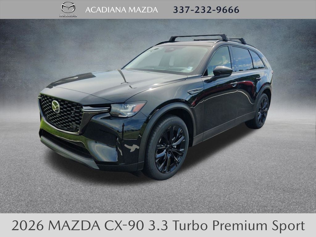 2026 Mazda Mazda CX-90 3.3 Turbo Premium Sport AWD in Jet Black Mica — front three-quarter view