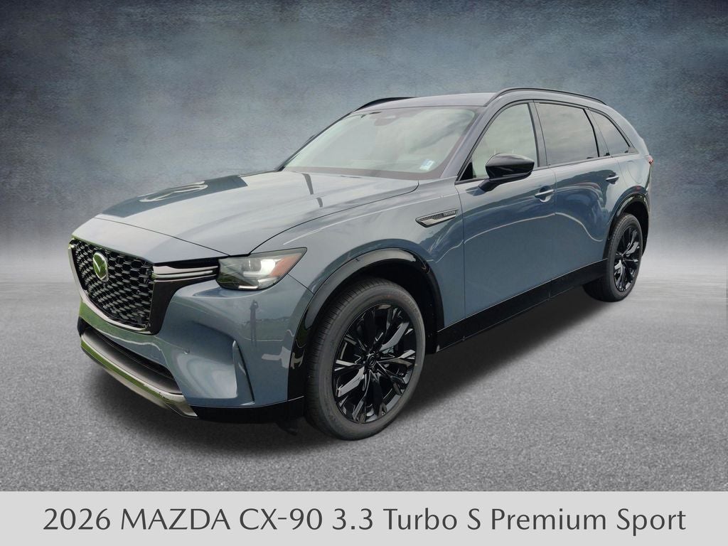 2026 Mazda Mazda CX-90 3.3 Turbo S Premium Sport AWD in Polymetal Gray Metallic — front three-quarter view