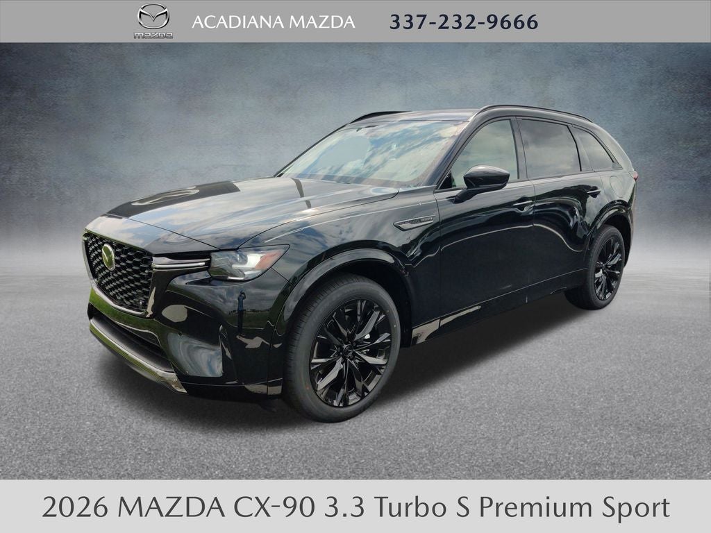 2026 Mazda Mazda CX-90 3.3 Turbo S Premium Sport AWD in Jet Black Mica — front three-quarter view