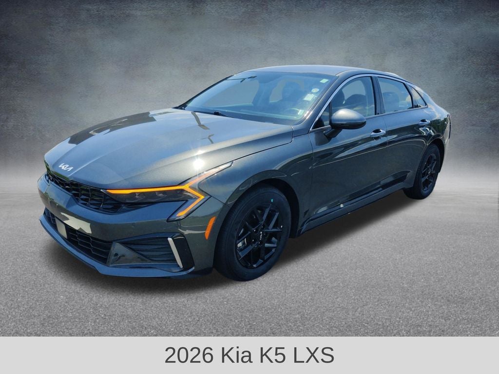 2026 Kia K5 LXS in Interstellar Gray — front three-quarter view